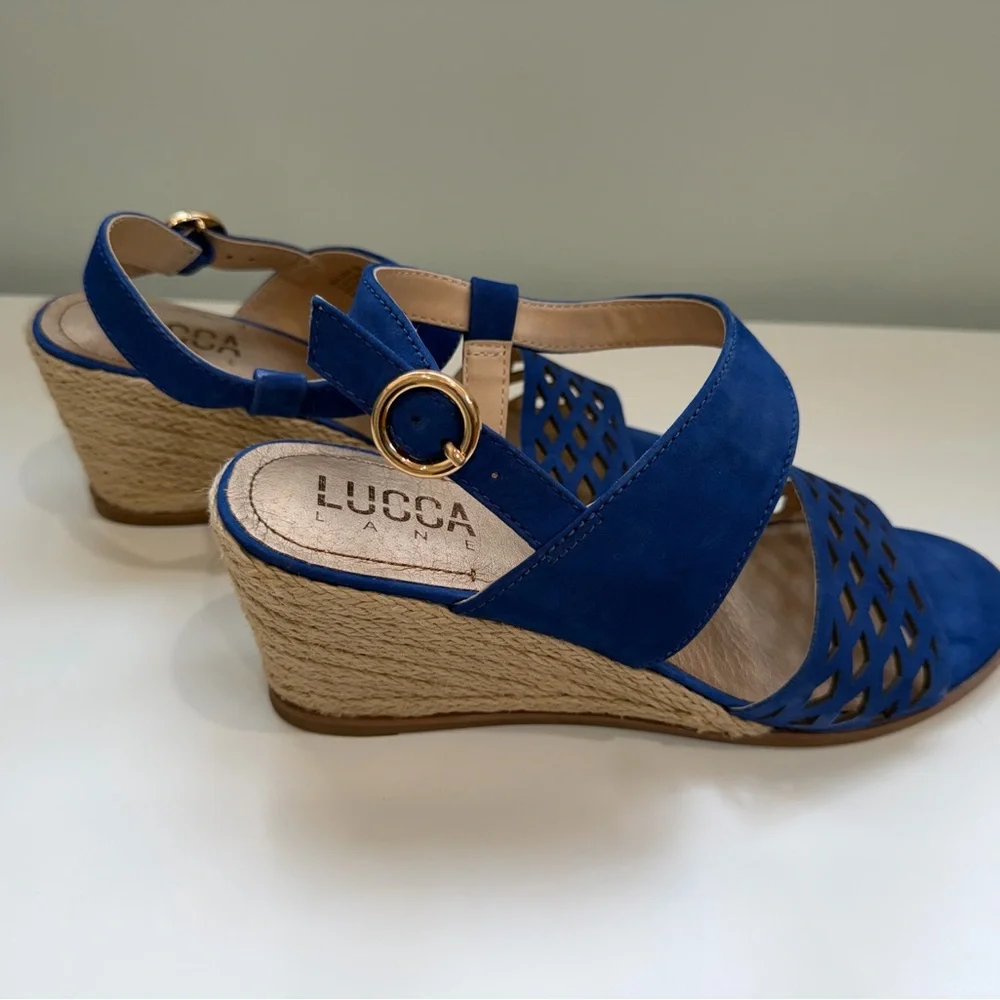 Lucca‎ Lane Blue Wedge Sandals 8M Espadrille Heel Ankle Strap Boho Coastal Shoes